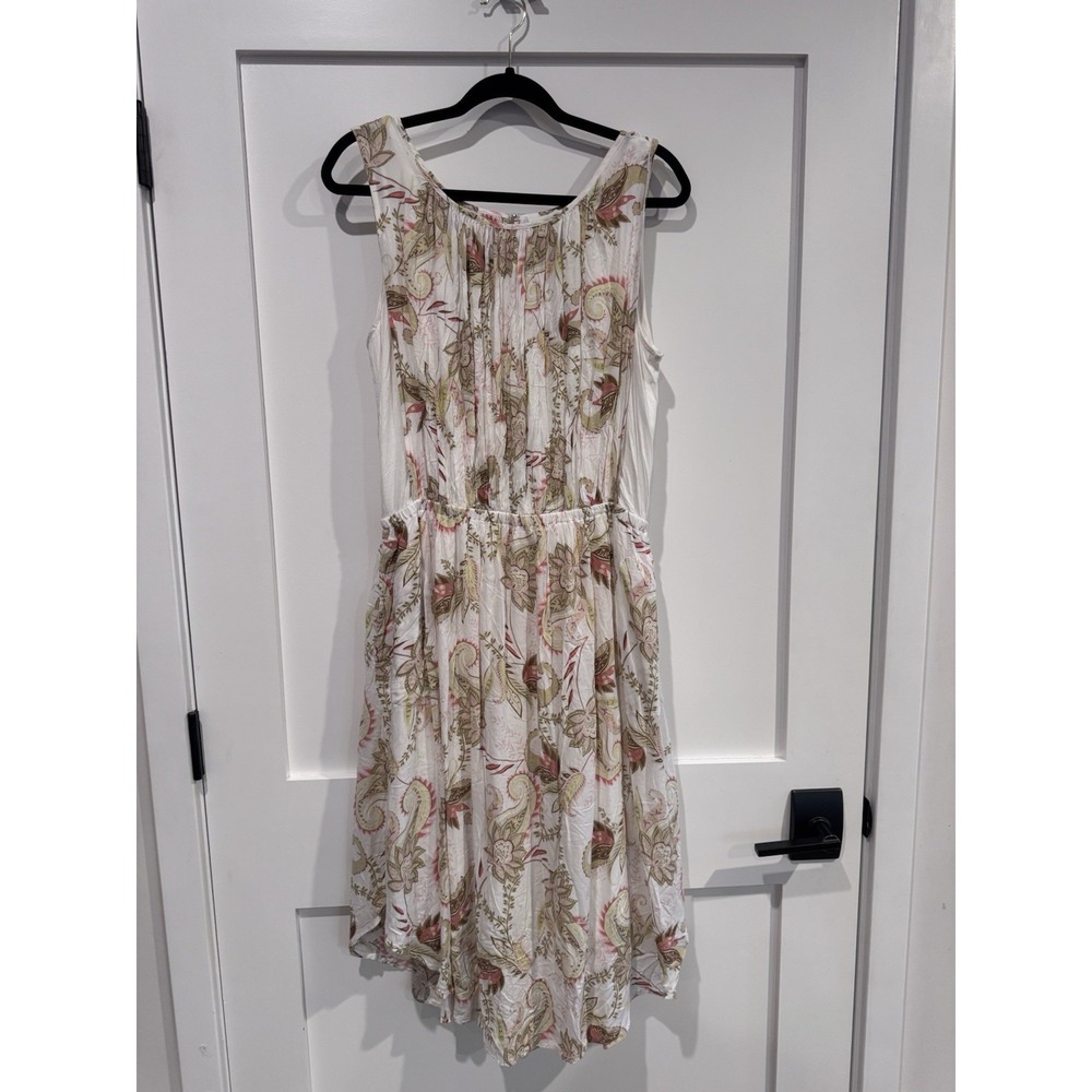 Floral Paisley Sleeveless Midi Dress White Pink Green Pleated Elastic Waist